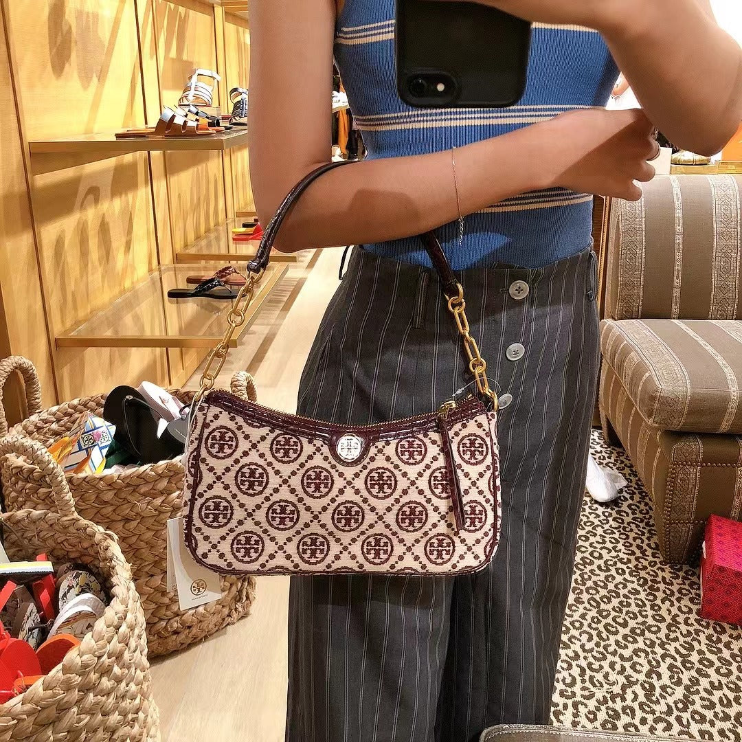 TORY BURCH 86553 1121 T MONOGRAM CHENILLE STUDIO BAG IN Claret / New Cream TORY BURCH 86553 1121 T MONOGRAM CHENILLE STUDIO BAG IN Claret / New Cream
